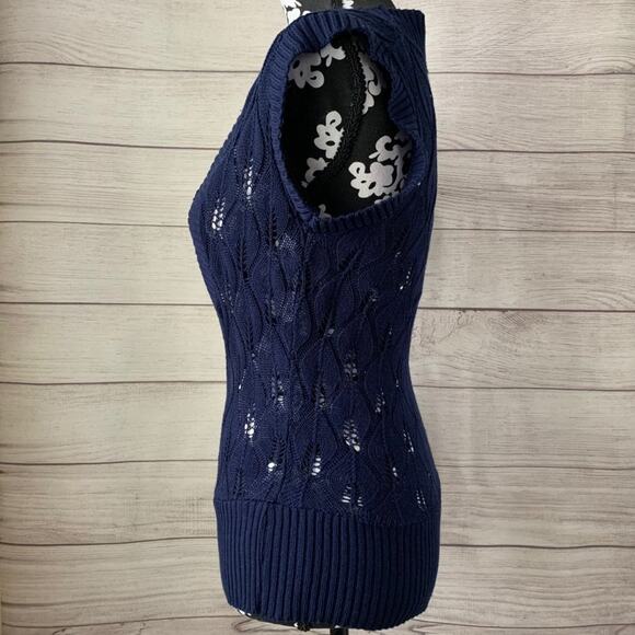 Charlotte Russe Navy Blue Knit Sweater Sheer Deep V-Neck Short Sleeves Medium - Picture 2 of 9